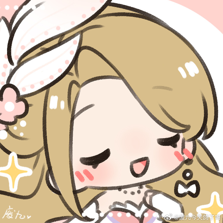 ..., 1girl, bare_shoulders, bead_necklace, beads, blonde_hair, bow, bow_earrings, bridal_gauntlets, chibi, chinese_commentary, closed_eyes, commentary_request, dress, earrings, eyelashes, fairytale_swan_(infinity_nikki), feather-trimmed_dress, feather_hair_ornament, feathers, feijiu_jintian_ge_le_ma, flower, hair_flower, hair_ornament, hand_on_own_chest, happy, infinity_nikki, jewelry, light_blush, long_hair, necklace, nikki_(series), pink_dress, pink_flower, red_background, signature, single_earring, solo, sparkle, strapless, strapless_dress, two-tone_background, upper_body, weibo_watermark, white_background, white_bow, white_bridal_gauntlets