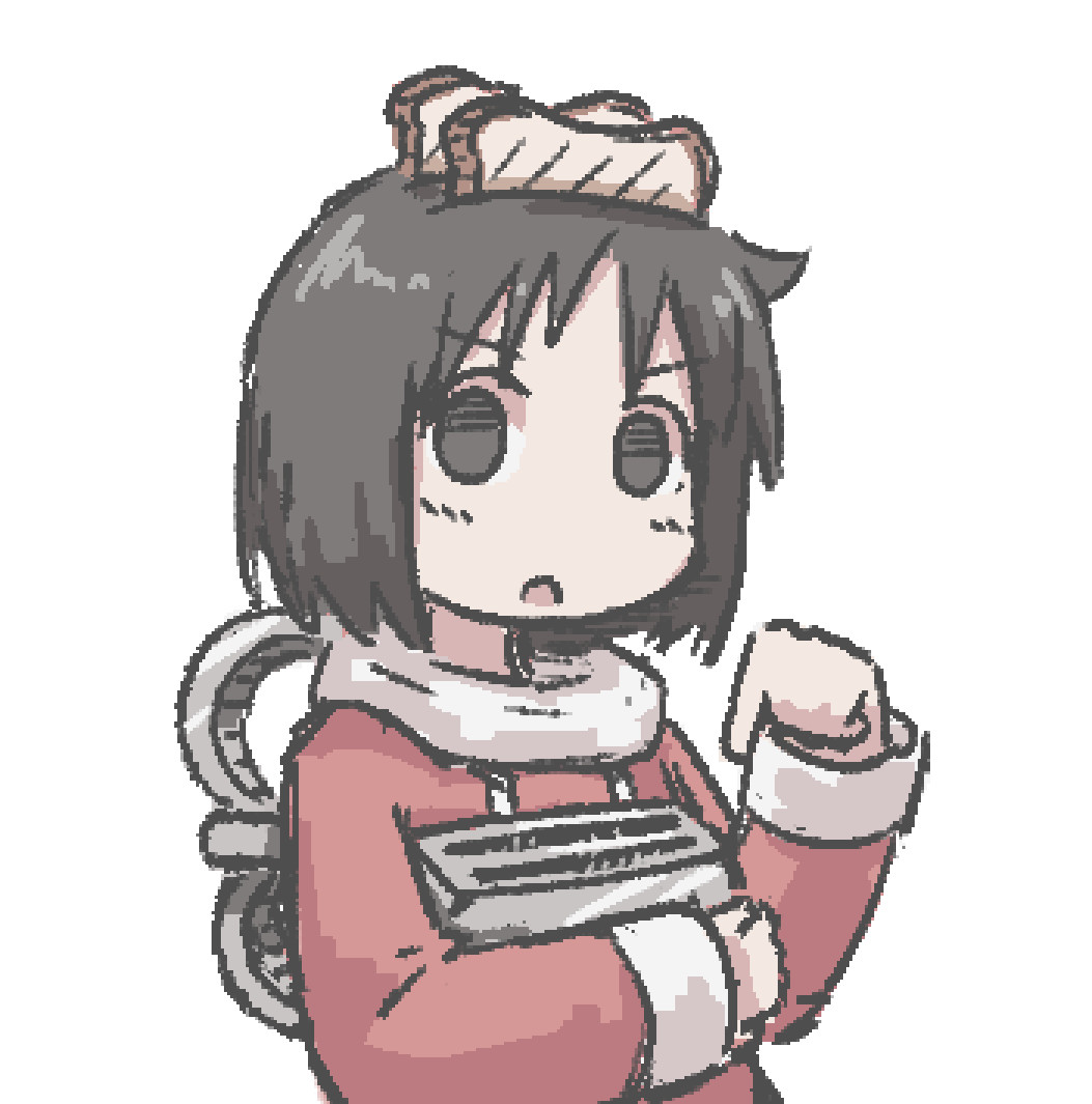 1girl, black_eyes, black_hair, bread, bread_slice, drawstring, food, holding, hood, hood_down, hoodie, jaggy_lines, long_sleeves, looking_at_viewer, medium_hair, nichijou, nonounno, open_mouth, pink_hoodie, pointing, pointing_at_object, robot_girl, shinonome_nano, simple_background, solo, toast, toaster, upper_body, white_background, winding_key