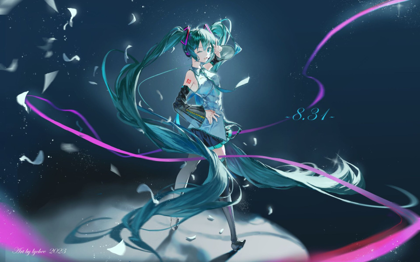 1girl, absurdly_long_hair, aqua_eyes, aqua_hair, aqua_necktie, aqua_trim, arm_tattoo, artist_name