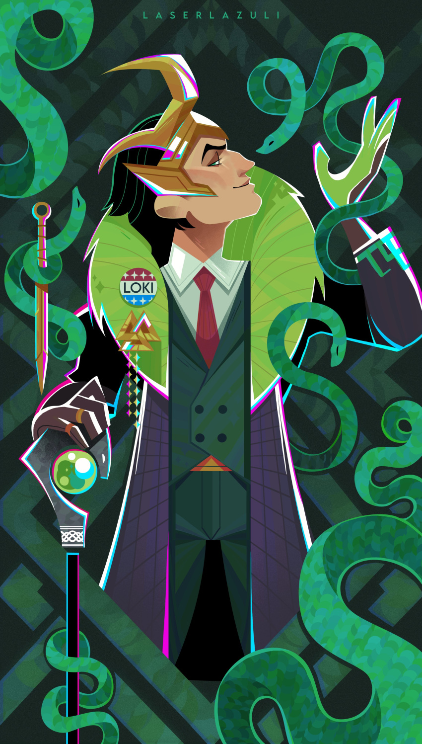 1boy, absurdres, artist_name, badge, black_hair, button_badge, character_name, coat, collared_shirt, green_eyes, green_pants, green_vest, headwear_request, highres, holding, holding_staff, laserlazuli, loki_(marvel), long_coat, looking_at_viewer, looking_to_the_side, marvel, marvel_rivals, necktie, open_clothes, open_coat, pants, red_necktie, shirt, solo, staff, valknut_(symbol), vest, white_shirt