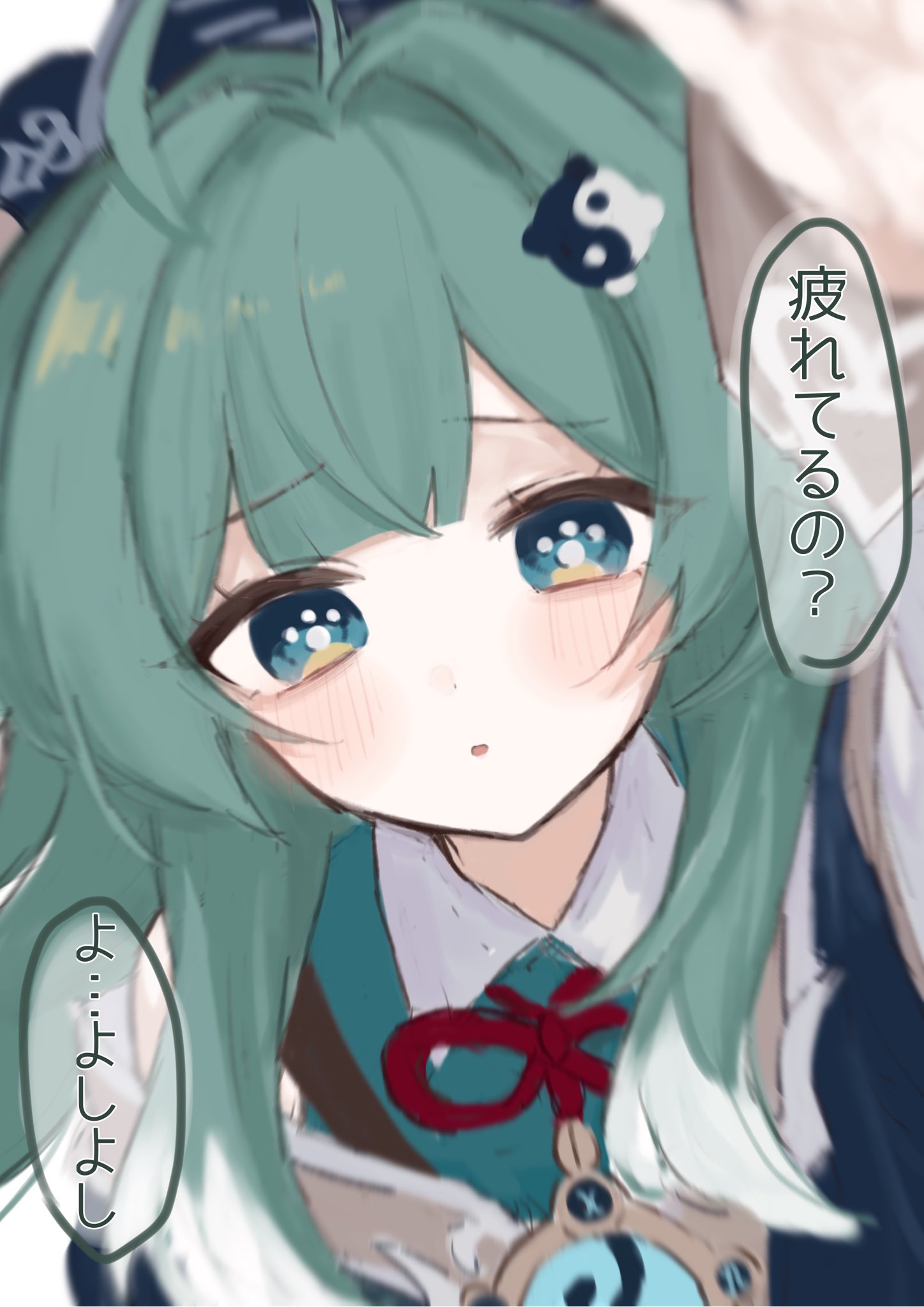 1girl, ahoge, animal_ears, blush, enunu_7e, fox_ears, genshin_impact, green_eyes, green_hair, hair_ornament, highres, honkai:_star_rail, honkai_(series), huohuo_(honkai:_star_rail), long_hair, looking_at_viewer, open_mouth, paw-shaped_pupils, solo, symbol-shaped_pupils, translation_request, yin_yang_hair_ornament
