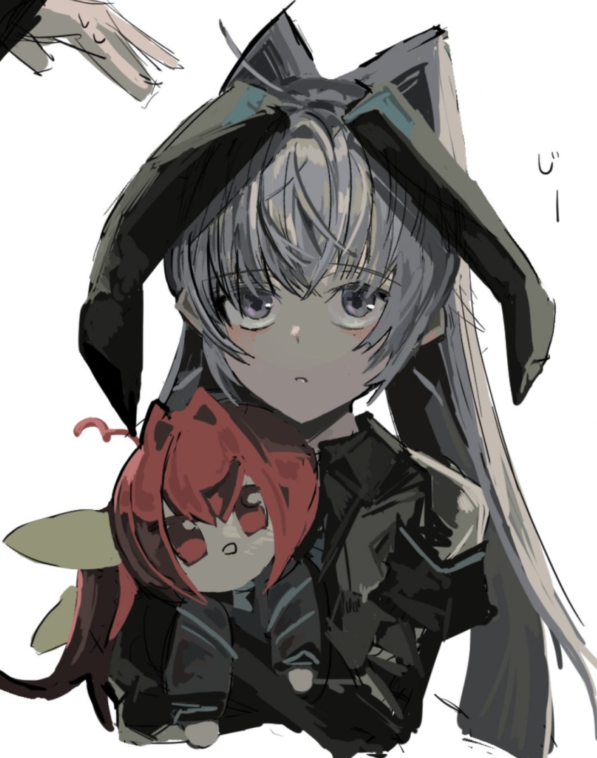 1boy, 1girl, ahoge, animal_ears, black_dress, black_shirt, blush, character_doll