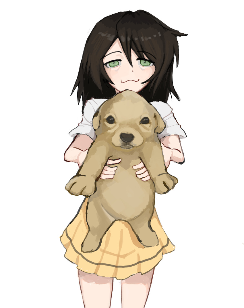:3, absurdres, animal, bags_under_eyes, black_hair, commentary, dog, green_eyes, highres, holding, holding_animal, kuroki_tomoko, long_hair, looking_at_viewer, meatcat, meme, short_sleeves, skirt, smile, watashi_ga_motenai_no_wa_dou_kangaetemo_omaera_ga_warui!