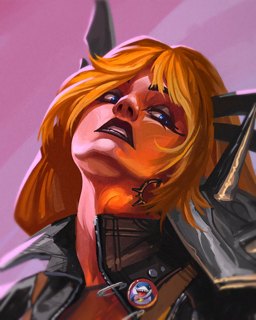 1girl, armor, badge, black_jacket, blonde_hair, blue_eyes, button_badge, collared_jacket