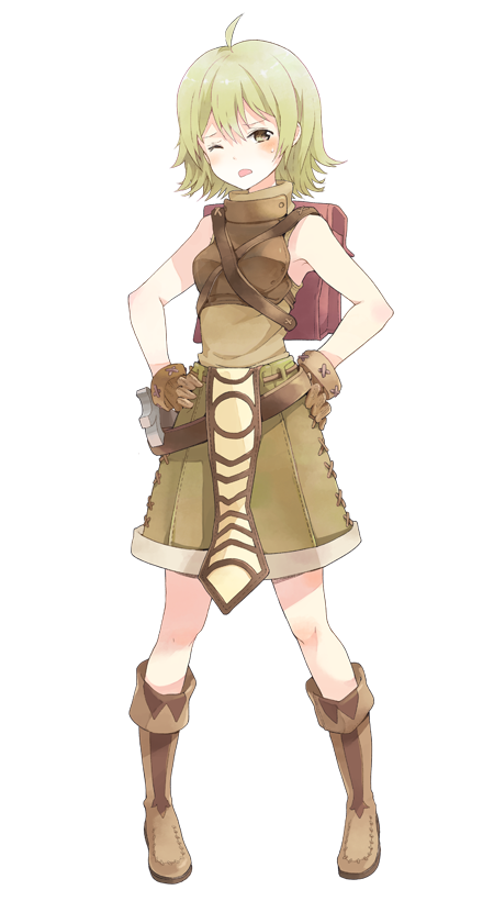 1girl, ahoge, artist_request, backpack, bag, belt, blush, boots, brown_bag, brown_belt, brown_eyes, brown_footwear, brown_gloves, brown_shorts, chest_guard, frown, full_body, gloves, green_hair, green_shorts, hands_on_own_hips, large_variant_set, looking_at_viewer, novice_(ragnarok_online), official_art, one_eye_closed, open_mouth, pelvic_curtain, ragnarok:_guild_masters, ragnarok_online, shirt, short_hair, shorts, simple_background, sleeveless, sleeveless_shirt, solo, standing, transparent_background, variant_set