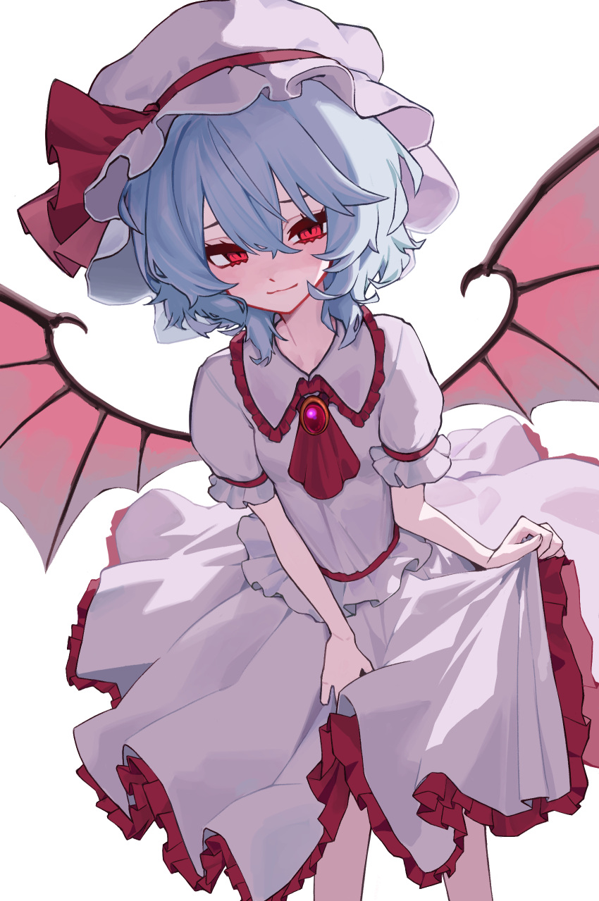 1girl, absurdres, ascot, bat_wings, blue_hair, brooch, collared_shirt, commentary_request