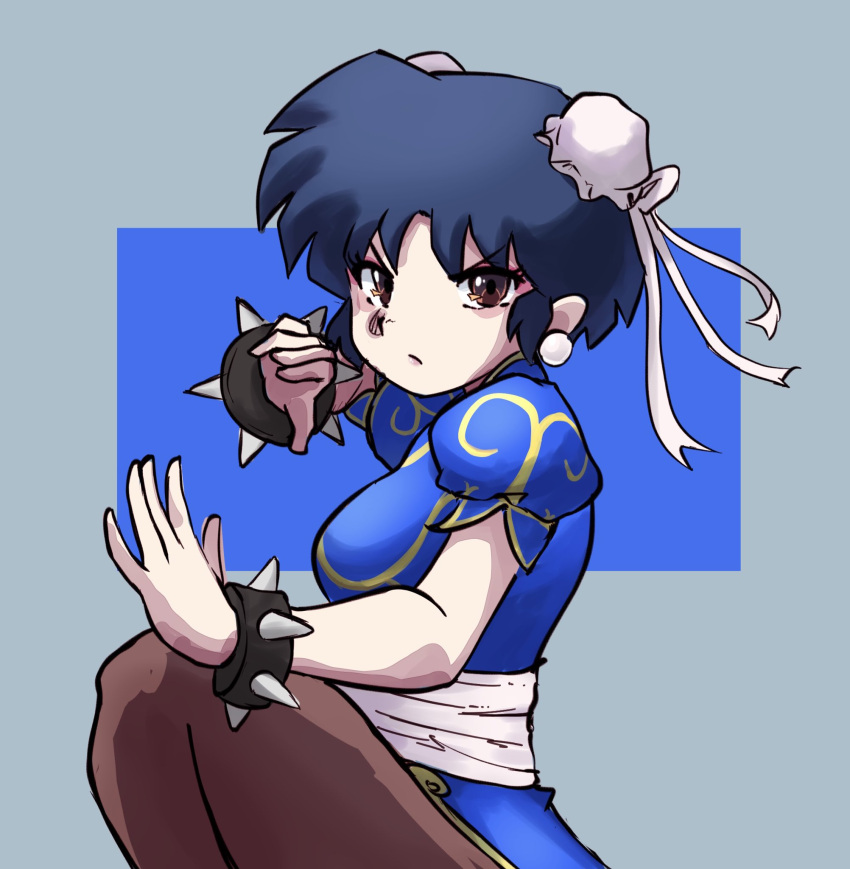 angry, blue_background, blue_hair, bob_cut, border, bracelet, breasts, brown_eyes, brown_pantyhose, bun_cover, china_dress, chinese_clothes, chun-li, chun-li_(cosplay), closed_mouth, commentary, cosplay, dot_mouth, double_bun, dress, english_commentary, eyelashes, fighting_stance, from_side, grey_border, hair_bun, hands_up, highres, jewelry, knee_up, looking_at_viewer, looking_to_the_side, medium_breasts, mychi_drawings, obi, outside_border, pantyhose, puffy_short_sleeves, puffy_sleeves, ranma_1/2, sash, short_hair, short_sleeves, simple_background, spiked_bracelet, spikes, standing, standing_on_one_leg, street_fighter, tendou_akane, upper_body, v-shaped_eyebrows, white_sash