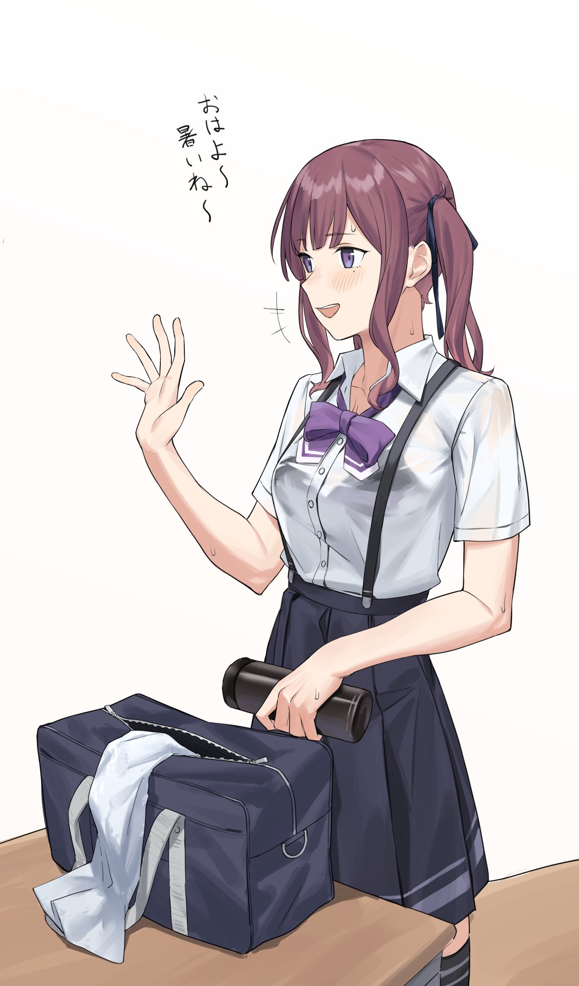 +++, 1girl, bag, black_bra, black_ribbon, black_thighhighs, blue_bag, bottle