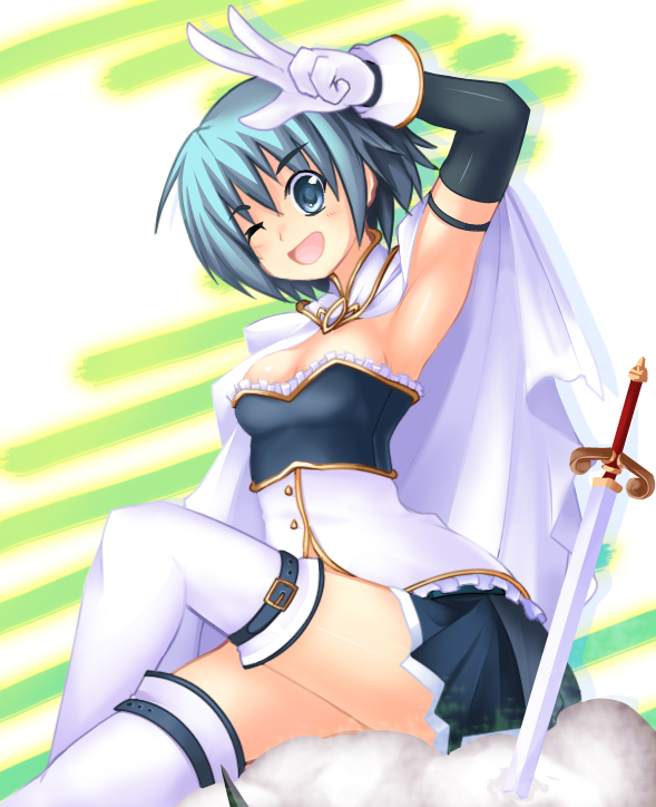 belt, blue_eyes, blue_hair, breasts, cape, cleavage, crossed_legs, elbow_gloves