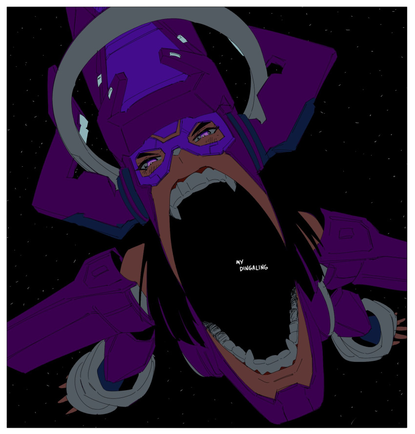 1boy, 1girl, alien, archives.gokulism, border, eating, eldritch_abomination, fake_horns
