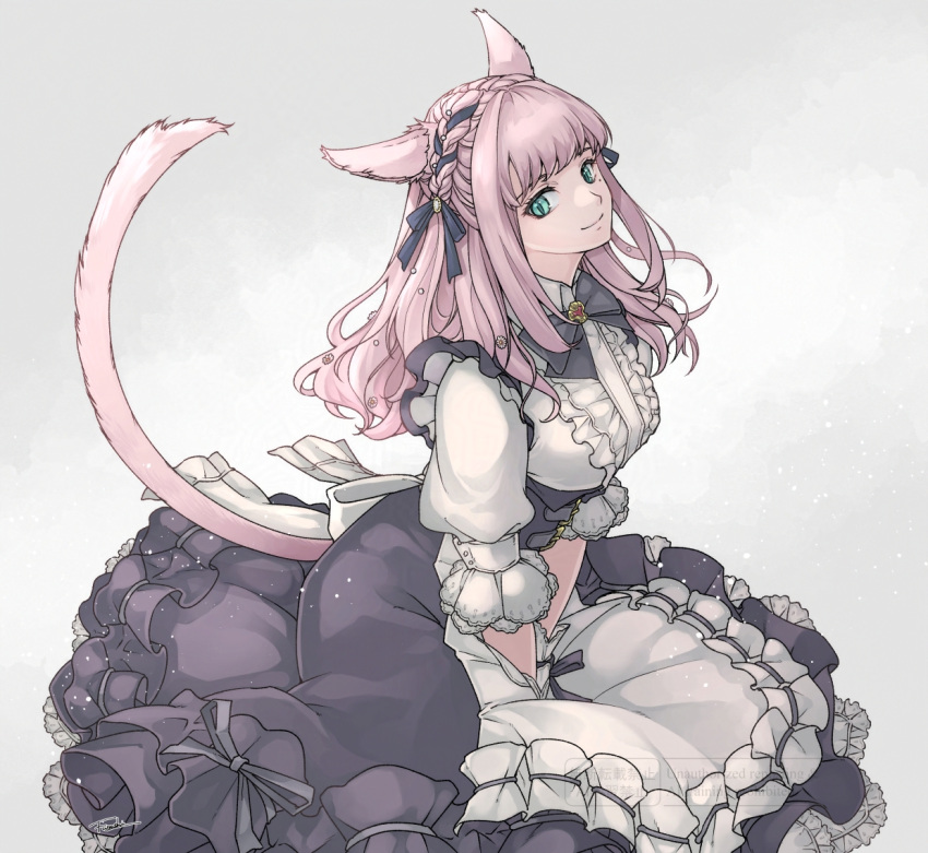1girl, animal_ears, apron, black_bow, black_bowtie, black_dress, bow, bowtie, braid, breasts, cat_ears, cat_girl, cat_tail, commentary_request, crown_braid, dress, final_fantasy, final_fantasy_xiv, fugashi_117, green_eyes, grey_background, looking_at_viewer, medium_breasts, miqo'te, mole, mole_under_eye, pink_hair, short_hair, short_sleeves, simple_background, slit_pupils, smile, solo, tail, warrior_of_light_(ff14), white_apron
