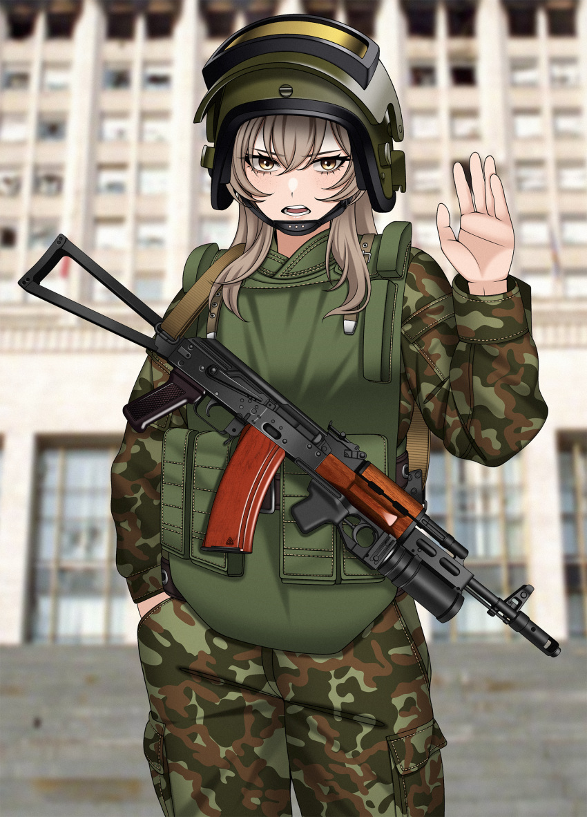 1993_russian_constitutional_crisis, absurdres, ak-74, aks-74, assault_rifle, blurry, camouflage, camouflage_jacket