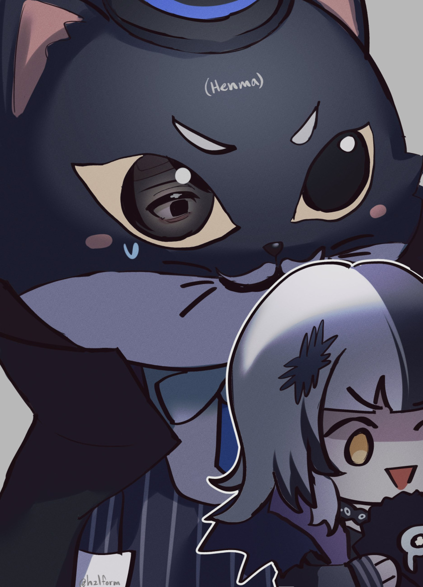1girl, 1other, absurdres, animal_costume, black_coat, black_eyes, black_hair, blursed_jollibee_mascot_suit_(meme), cat_costume, chibi, coat, grey_hair, hair_ornament, hazel_(hzlform), henma, highres, hololive, hololive_english, long_hair, mascot_costume, mascot_head, meme, multicolored_hair, nyakuza_(shiori_novella), open_mouth, purple_coat, shiori_novella, shiori_novella_(1st_costume), solo, split-color_hair, sweatdrop, two-sided_coat, two-sided_fabric, two-tone_hair, virtual_youtuber, yellow_eyes