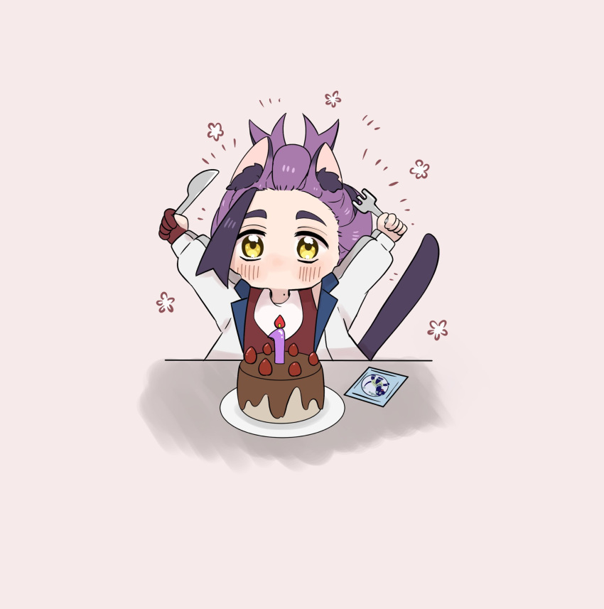 1boy, animal_ears, arms_up, black_hair, blush, cake, candle, chibi, chigiri_(_chigiri_), commentary_request, fire, flower_(symbol), food, fork, fruit, gloves, highres, holding, holding_fork, holding_knife, jacket, kieran_(pokemon), knife, male_focus, multicolored_hair, open_clothes, open_jacket, partially_fingerless_gloves, pokemon, pokemon_sv, purple_hair, red_gloves, red_shirt, shirt, single_glove, solo, strawberry, two-tone_hair, white_jacket, yellow_eyes