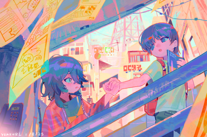 2girls, artist_name, backpack, bag, dated, english_commentary, fujino_(look_back), haori