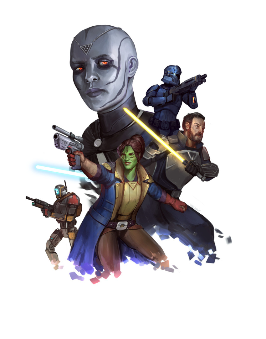 2girls, 3boys, alien, armor, artist_name, bald, bald_girl, beard