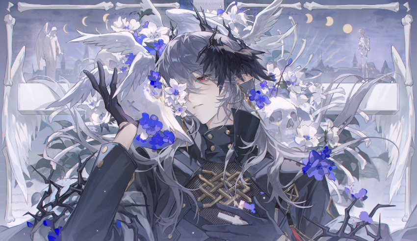 1boy, animal_on_head, arknights, bird, bird_on_head, black_gloves, black_jacket, black_shirt