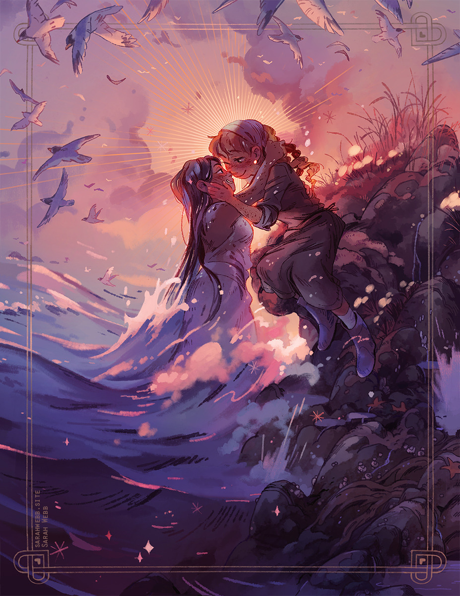 2girls, afloat, arms_around_neck, artist_name, barnacle, bird, blush, body_freckles