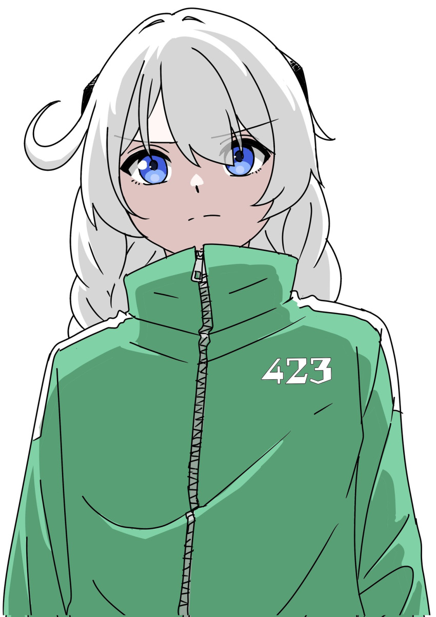 1girl, ahoge, bikeibikei, blue_eyes, braid, closed_mouth, green_jacket, highres