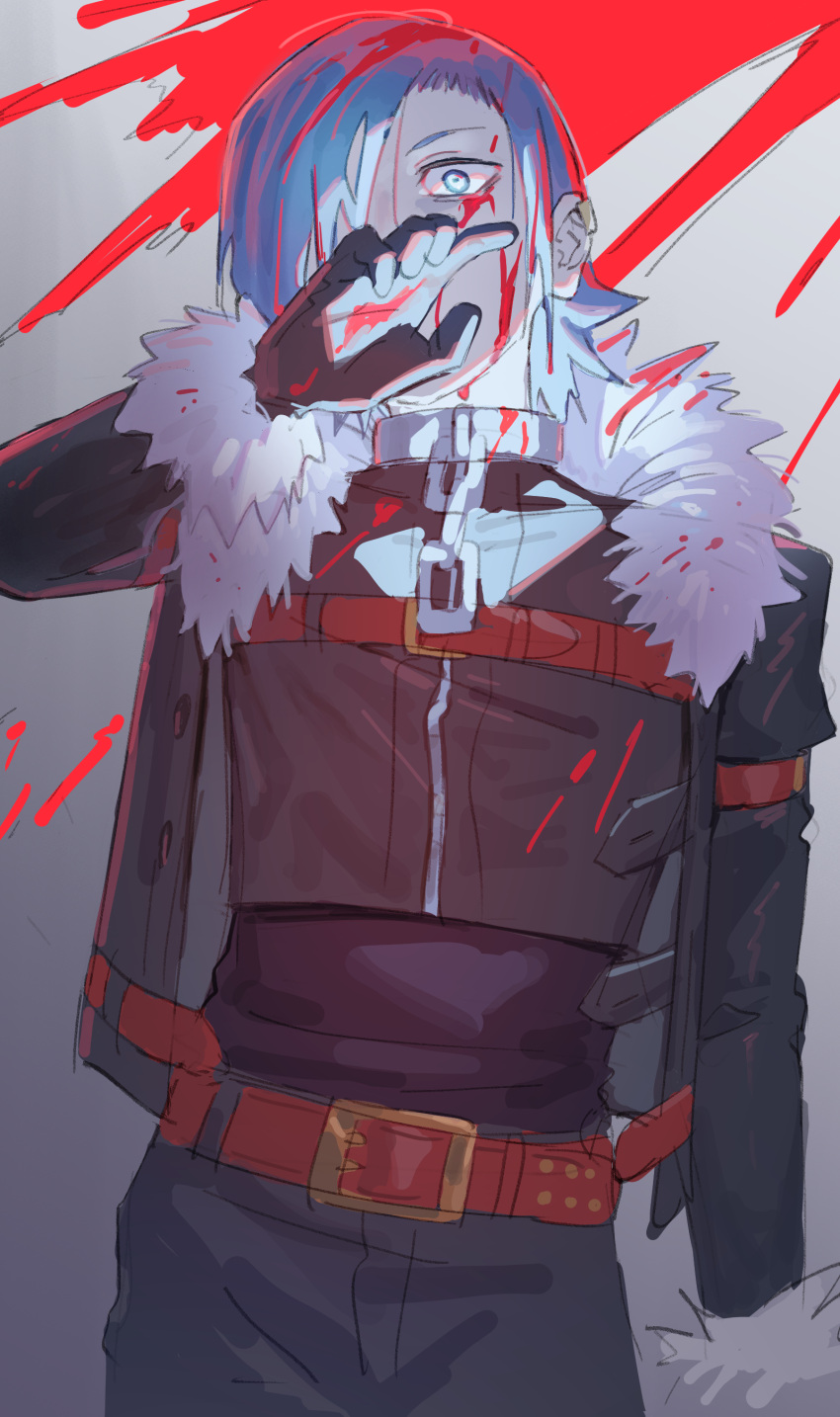 1boy, absurdres, belt, blue_eyes, blue_hair, chain, dark_hunter_(sekaiju), dark_hunter_1, fur_collar, gloves, hair_over_one_eye, highres, jacket, male_focus, mya-zawa, open_clothes, open_jacket, red_belt, sekaiju_no_meikyuu, sekaiju_no_meikyuu_1, solo