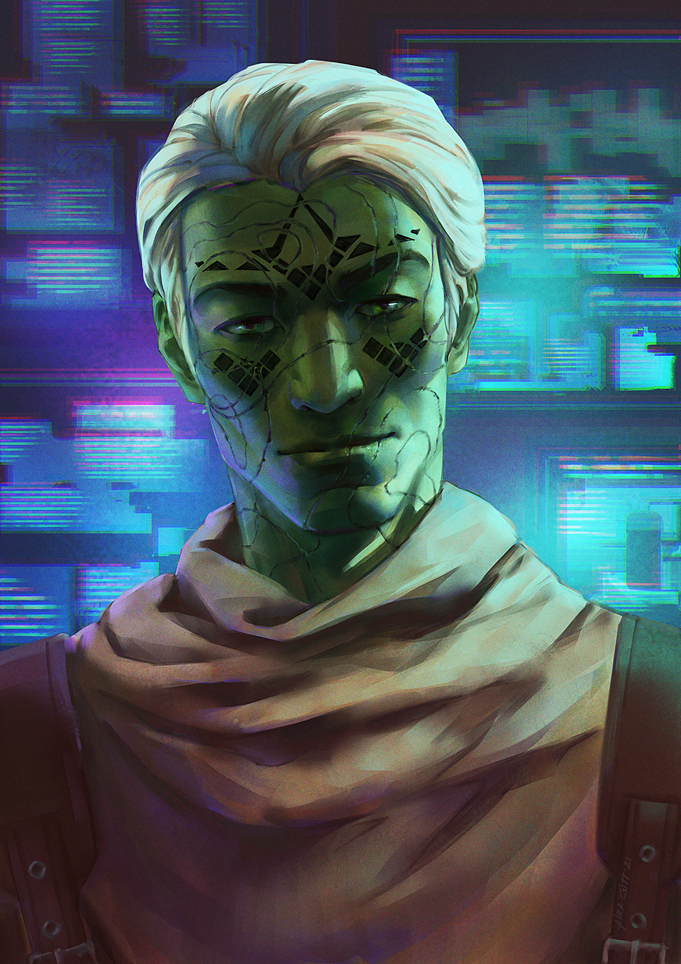 1boy, airagitt, alien, blonde_hair, colored_skin, facial_mark, green_eyes, green_skin