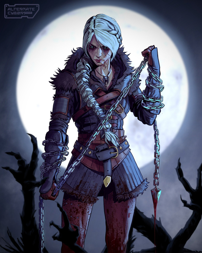1girl, armor, artist_name, black_sclera, blood, blood_on_face, braid, braided_ponytail