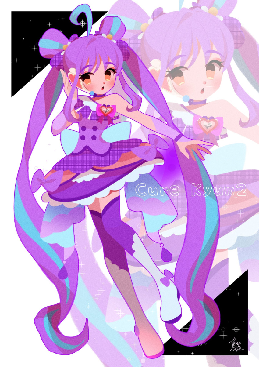 1girl, ahoge, blue_hair, blue_streaks, boots, bow, character_name, cure_kyunkyun, double_bun, dress, earpiece, english_text, floating, full_body, hair_bow, hair_bun, highres, long_hair, looking_at_viewer, magical_girl, multicolored_hair, open_mouth, plaid_bow, plaid_clothes, plaid_dress, precure, purple_background, purple_bow, purple_hair, purple_thighhighs, purple_wrist_cuffs, shigure_kokoro, signature, sleeveless, sleeveless_dress, solo, streaked_hair, thigh-highs, twintails, two-tone_hair, very_long_hair, white_footwear, wrist_cuffs, yellow_eyes, yorita_genyu, you_and_idol_precure, zoom_layer