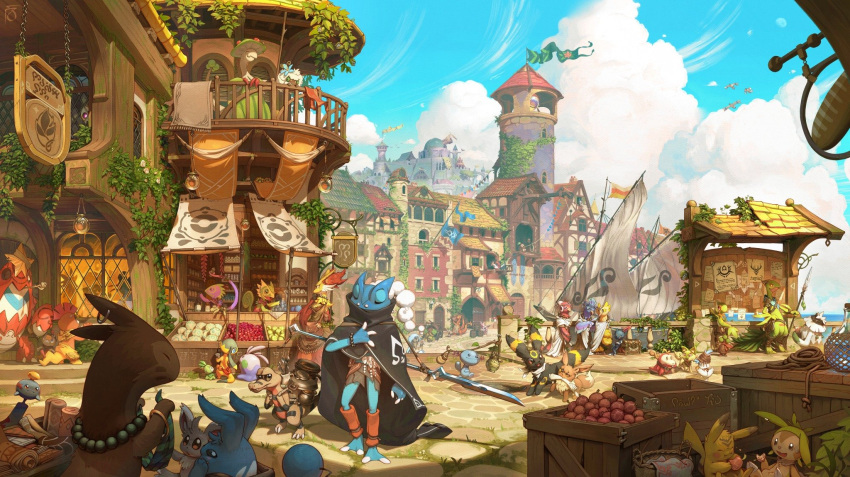 azumarill, balcony, barrel, black_cloak, blue_sky, building, character_request, charizard