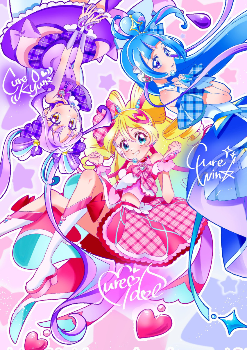 3girls, ahoge, aokaze_nana, asymmetrical_sleeves, blonde_hair, blue_background, blue_dress, blue_eyes