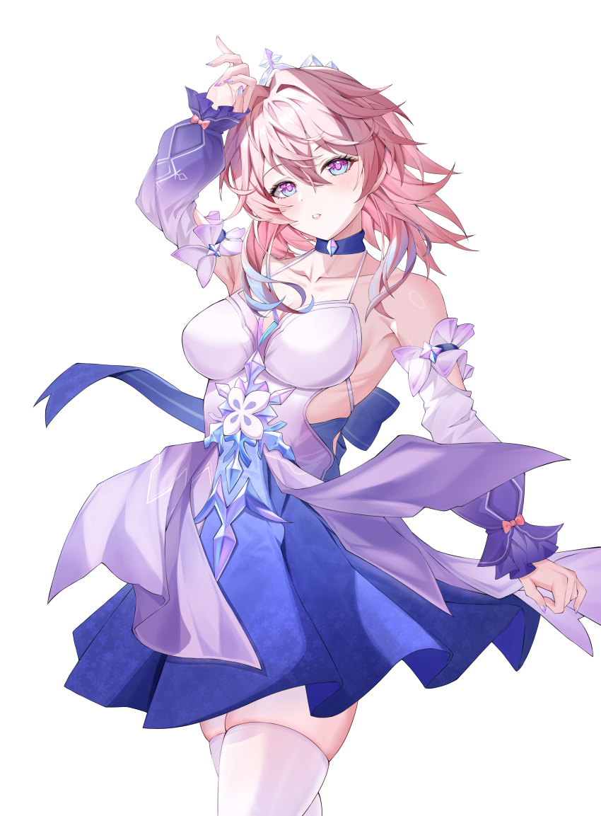 1girl, absurdres, arm_up, bare_shoulders, blue_dress, blue_eyes, blue_hair, chinese_commentary