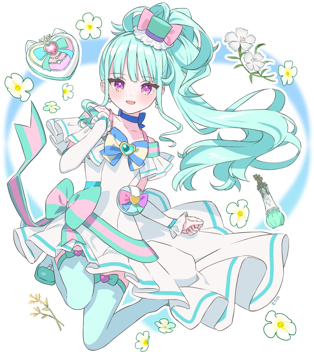1girl, blue_choker, blue_footwear, blue_hair, boots, bow, bow_choker, choker