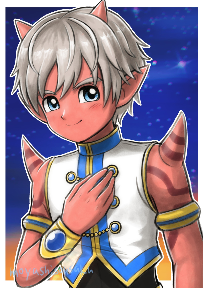 1boy, absurdres, armlet, black_shirt, blue_background, blue_eyes, blue_gemstone, border
