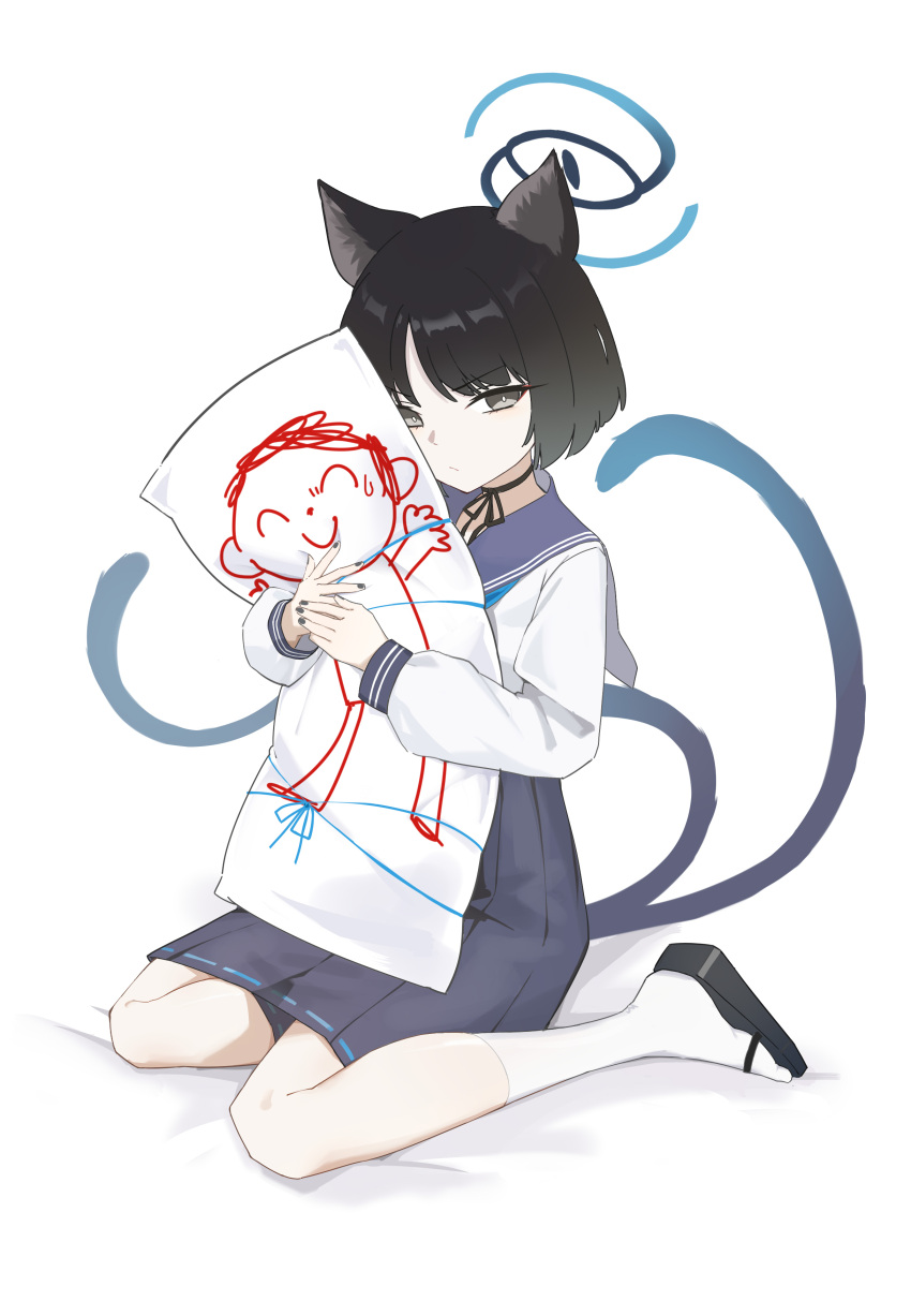 1girl, absurdres, animal_ears, black_eyes, black_hair, blue_archive, blue_skirt, cat_ears, cat_girl, cat_tail, closed_mouth, dakimakura_(object), doodle_sensei_(blue_archive), frown, full_body, halo, highres, hugging_object, kaminari_(edeath), kikyou_(blue_archive), long_sleeves, looking_at_viewer, multiple_tails, neck_grab, pillow, pillow_hug, sailor_collar, sandals, sensei_(blue_archive), shirt, short_hair, simple_background, sitting, skirt, socks, solo, string, tail, two_tails, v-shaped_eyebrows, white_background, white_shirt, white_socks