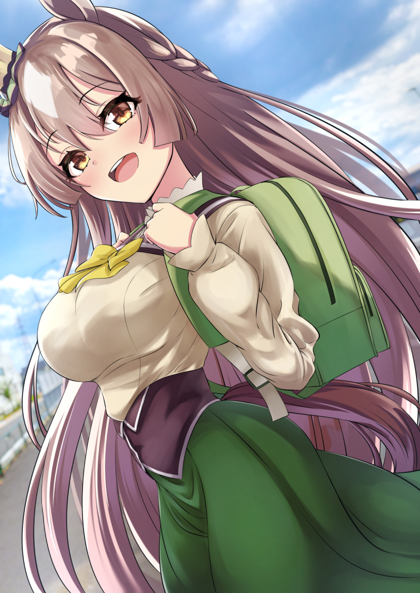 1girl, ag, animal_ears, blurry, blurry_background, breasts, brown_eyes, brown_hair