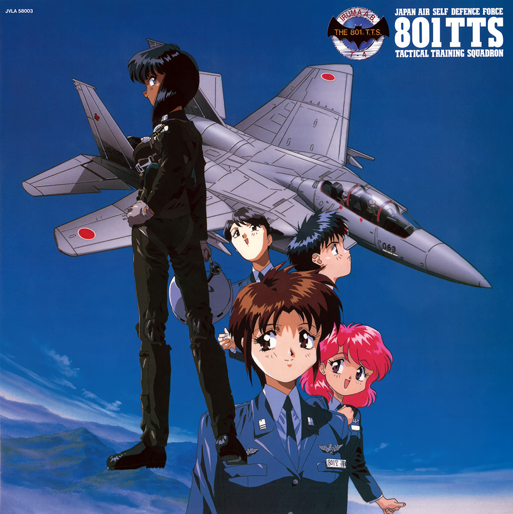 1boy, 4girls, aircraft, airplane, aozora_shoujotai, badge, black_hair, blue_jacket