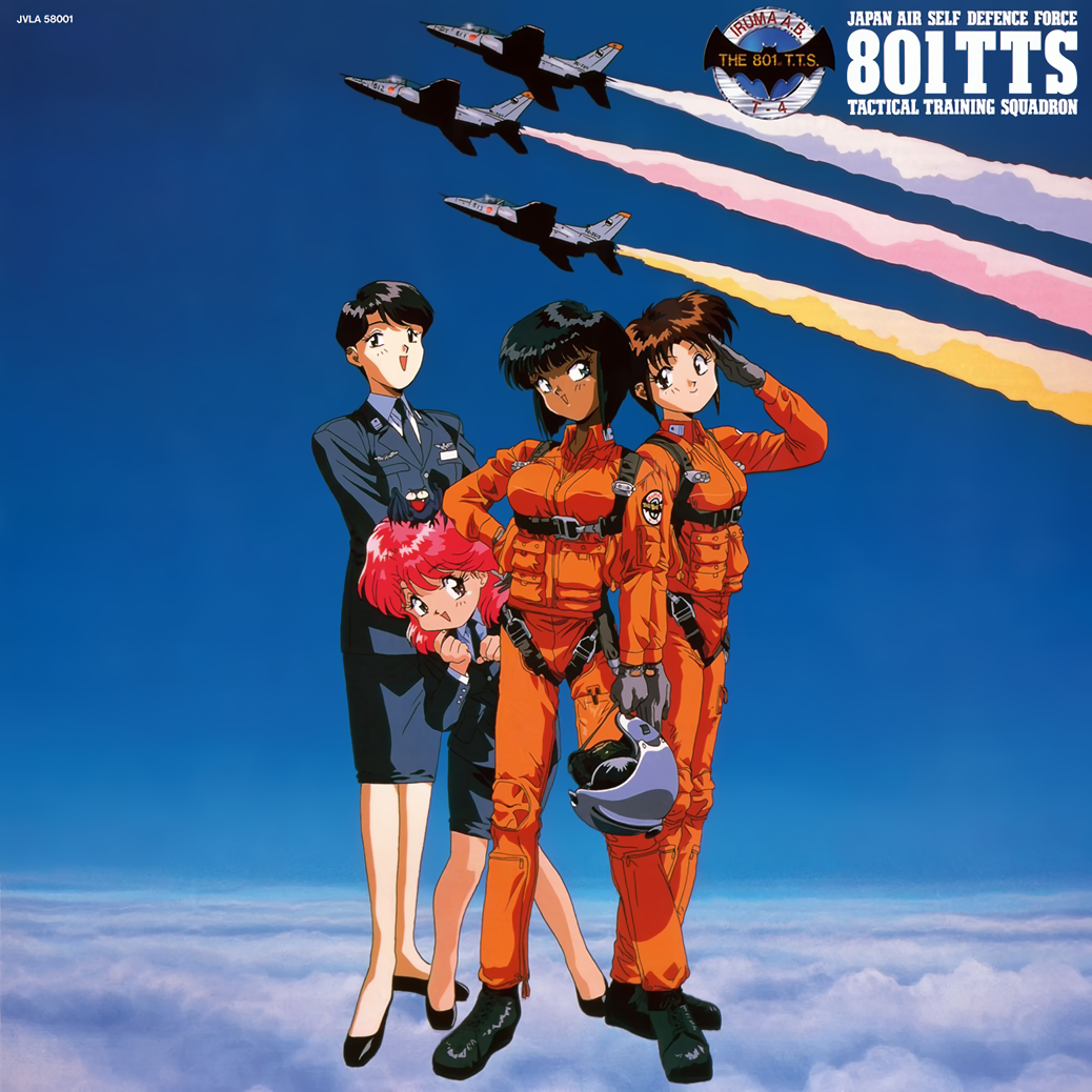 1990s_(style), 4girls, aircraft, airplane, animal_on_head, aozora_shoujotai, bat_(animal), black_eyes