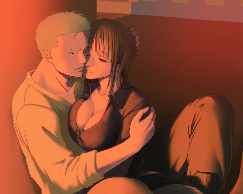 1boy, 1girl, black_dress, black_eyes, black_hair, blunt_bangs, closed_eyes, closed_mouth