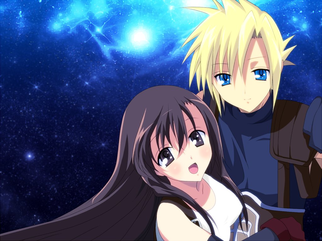 1girl, blonde_hair, blue_eyes, blush, brown_eyes, brown_hair, cloud_strife, couple