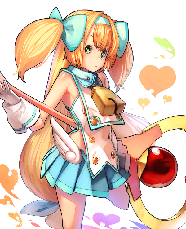 1girl, armpits, bare_shoulders, bell, blazblue, blonde_hair, child, gloves, green_eyes, hairband, heart, long_hair, low-tied_long_hair, miniskirt, platinum_the_trinity, quad_tails, simple_background, skirt, solo, staf, staff, symbol-shaped_pupils, tissue_(pixiv), two_side_up, very_long_hair