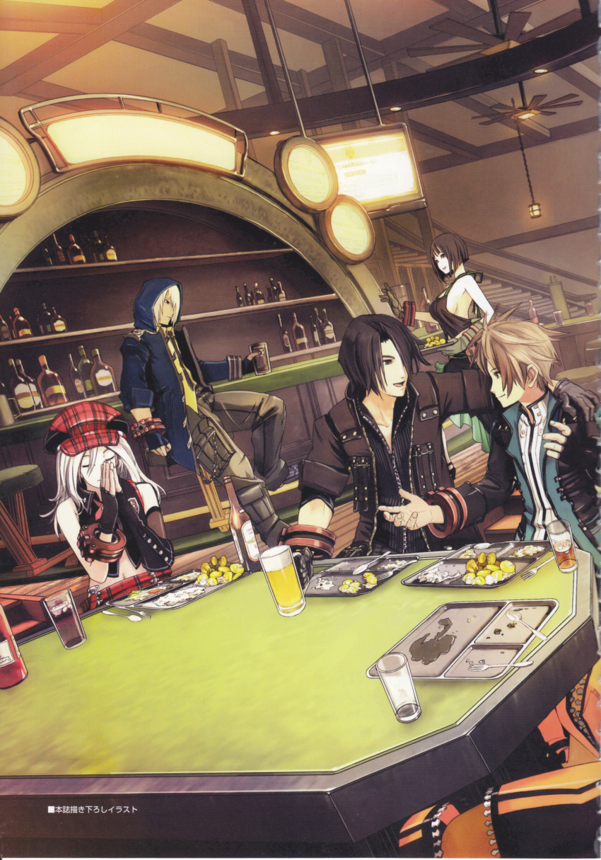 alisa_ilinichina_amiella, amemiya_rindou, arisa_iriinchina_amieera, bar, beer, black_hair, brown_hair, cabbie_hat