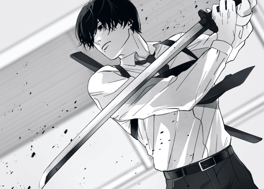 1boy, belt, chainsaw_man, collared_shirt, commentary_request, cowboy_shot, dutch_angle, greyscale