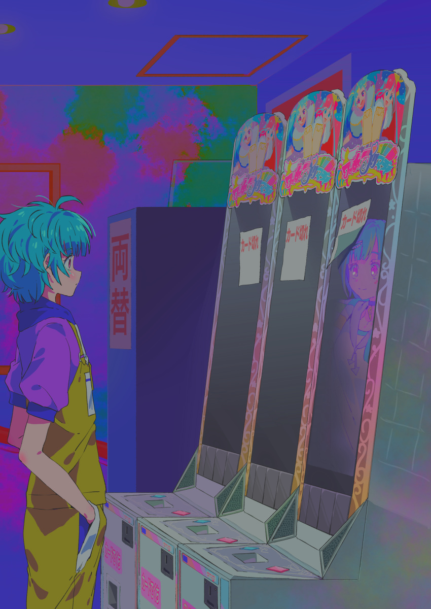 2girls, absurdres, ahoge, arcade, arcade_cabinet, blunt_bangs, closed_mouth, commentary_request