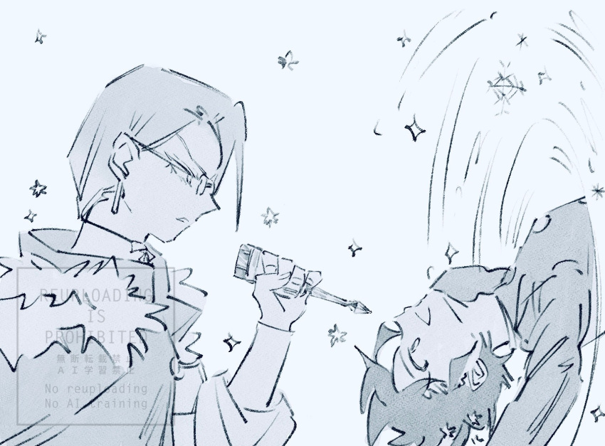 1boy, 1girl, braid, capelet, chikutoge_togeice, earrings, fur_trim, glasses