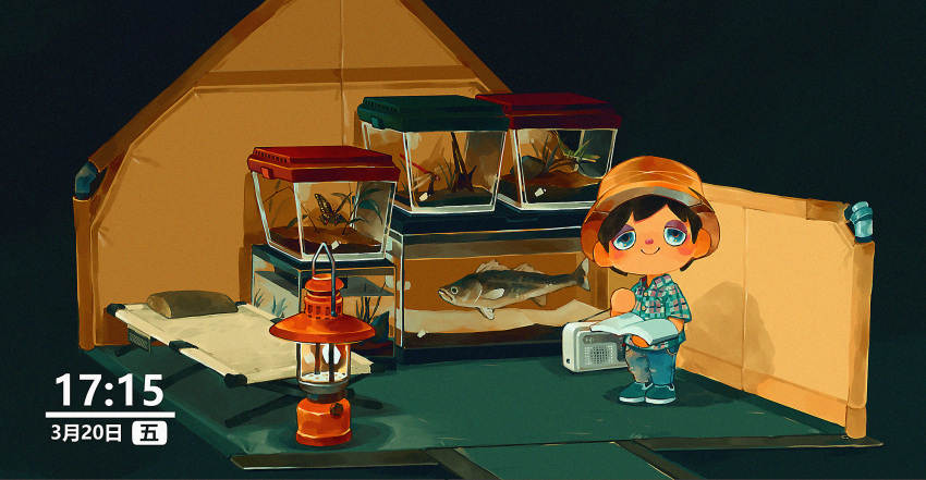 1boy, amehatohonya, animal_crossing, bed, black_hair, book, bug, butterfly