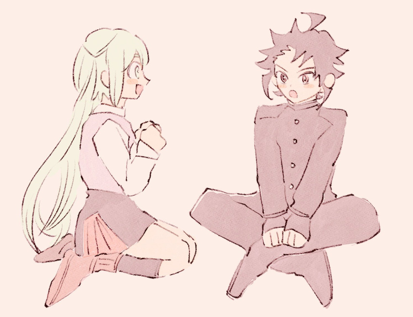 1boy, 1girl, black_hair, blush, crossed_legs, gloves, green_eyes, green_hair