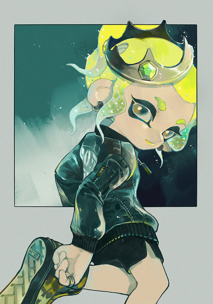 1girl, amehatohonya, black_eyes, black_jacket, black_shorts, blonde_hair, border, closed_mouth