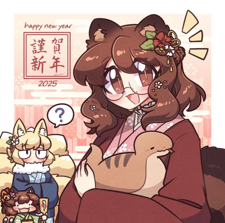 2025, 3girls, :3, ?, absurdres, animal_ear_fluff, animal_ears, bell