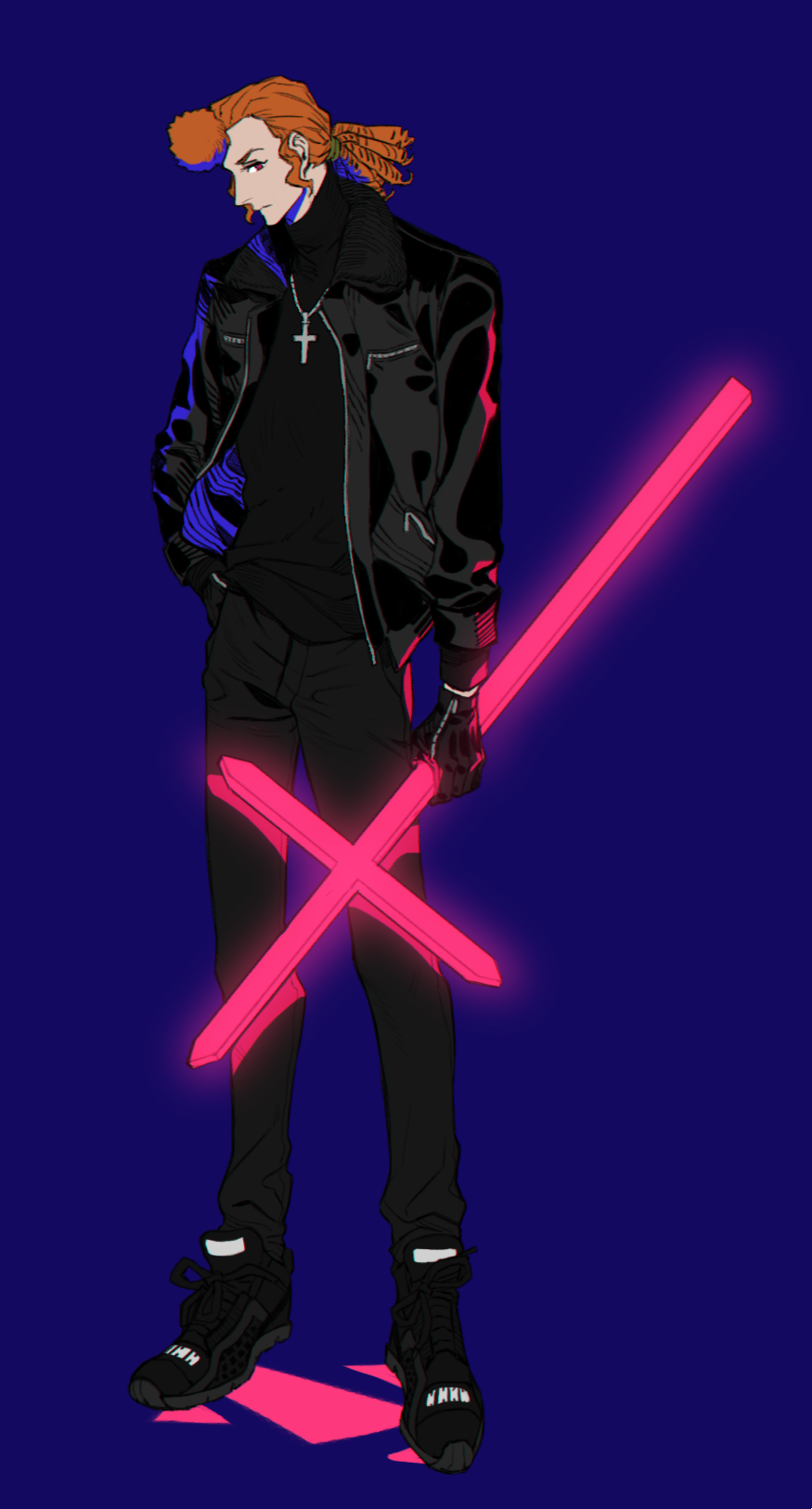 1boy, black_footwear, black_gloves, black_jacket, black_shirt, blue_background, brown_hair, classicaloid