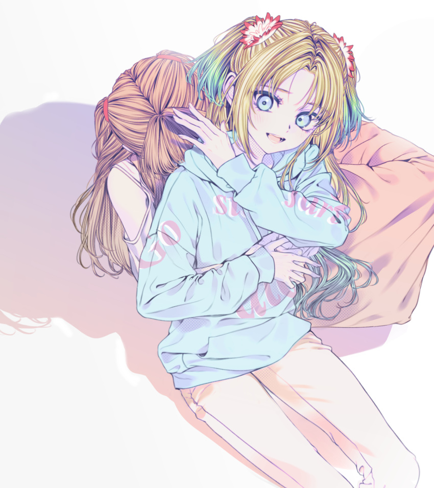 2girls, 596_(_gokuraku_joudo), :d, blonde_hair, blue_eyes, blue_hair, blue_hoodie, brown_hair