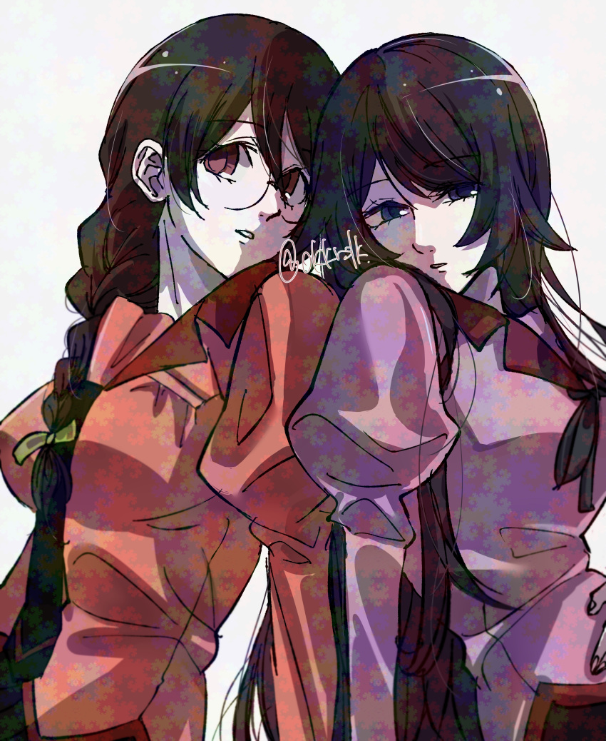 2girls, absurdres, back-to-back, braid, glasses, hanekawa_tsubasa, hatahata_(okkrslk), highres